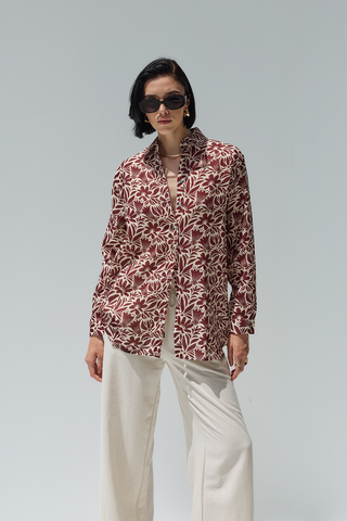 Beliz Keten Gömlek Bordo Desenli