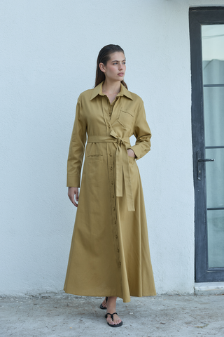 Mist Keten Düğmeli Elbise Yağ Yeşili