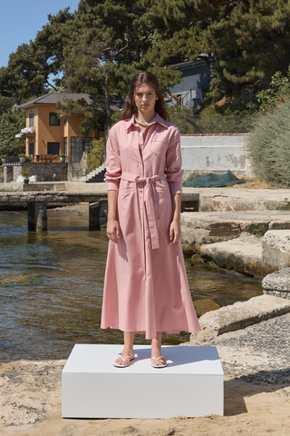 Mist Keten Düğmeli Elbise Pembe