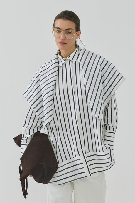 Oversize Fularlı Uzun Gömlek Lacivert Çizgili