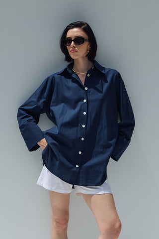 Oversize Keten Gömlek Lacivert