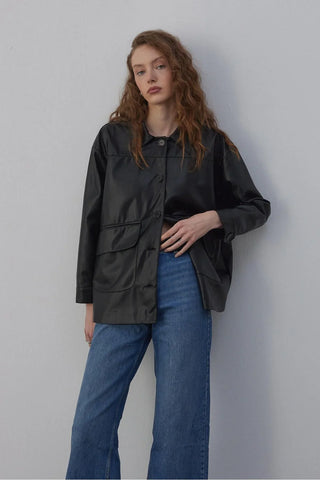 Sabana Astarlı Deri Ceket Siyah