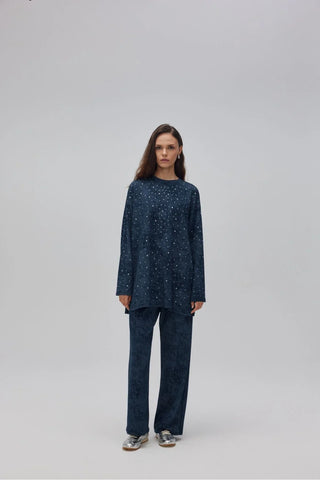 Batik Desenli Taşlı Takım Lacivert