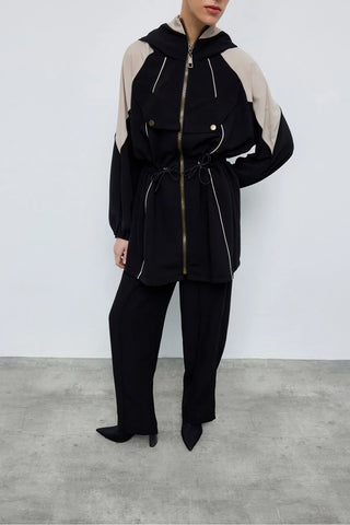 Kontrast Bel Büzgülü Ceket Pantolon Siyah