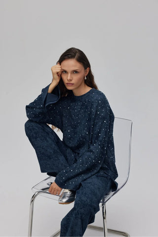 Batik Desenli Taşlı Takım Lacivert