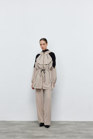 Kontrast Bel Büzgülü Ceket Pantolon Taş