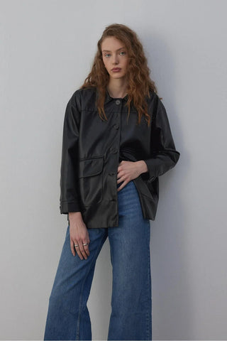 Sabana Astarlı Deri Ceket Siyah