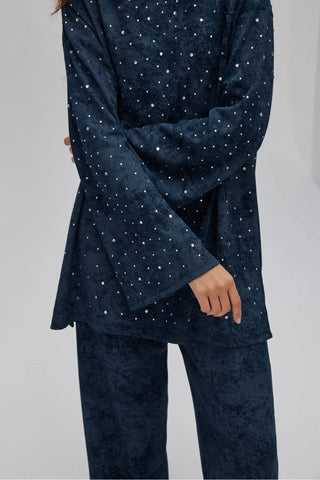 Batik Desenli Taşlı Takım Lacivert