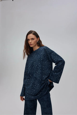 Batik Desenli Taşlı Takım Lacivert