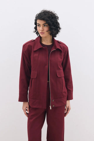 Omuz Vatkalı Fermuarlı Ceket Bordo