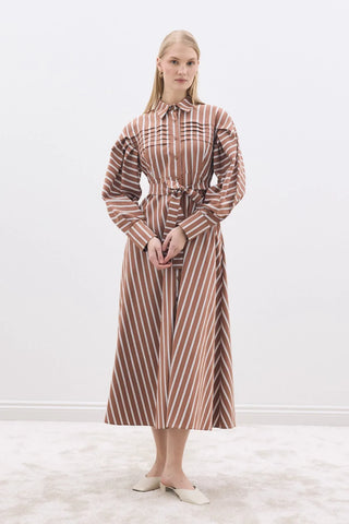 Nervürlü Paris Elbise Kahverengi Çizgili