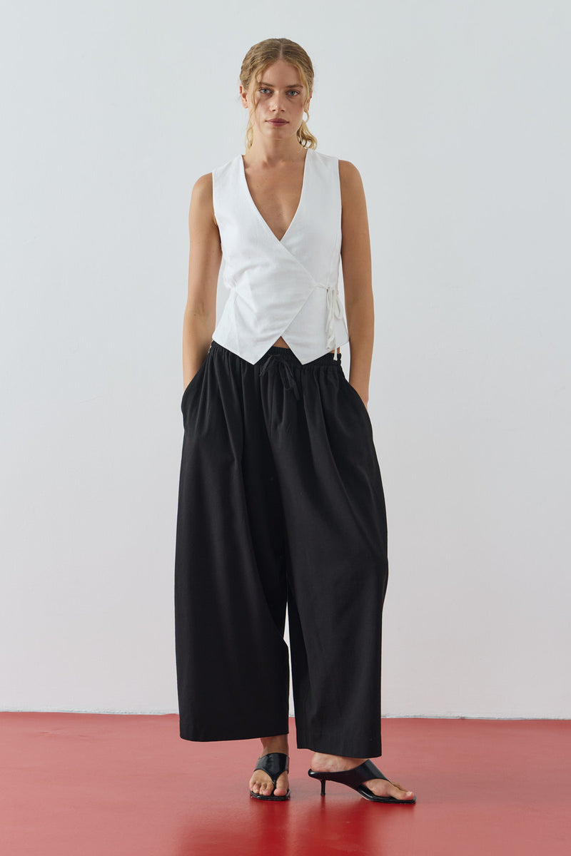 Keten Barrel Pantolon Siyah