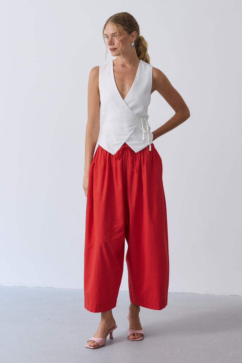 Keten Barrel Pantolon Kırmızı
