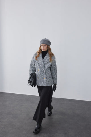 Kruvaze Bukle Kaban Gri