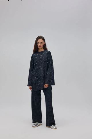 Batik Desenli Taşlı Takım Siyah