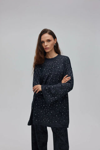 Batik Desenli Taşlı Takım Siyah