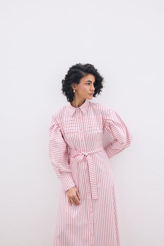 Nervürlü Paris Elbise Pembe Çizgili