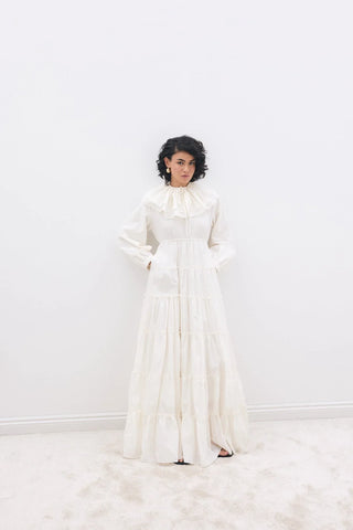 Yakalı Vual Elbise Krem