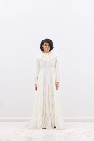 Yakalı Vual Elbise Krem