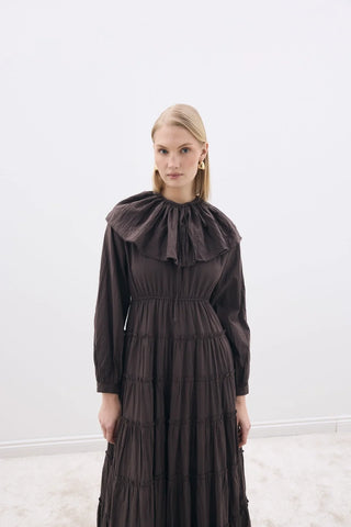 Yakalı Vual Elbise Kahverengi