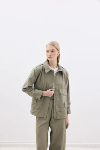 Omuz Vatkalı Fermuarlı Ceket Haki