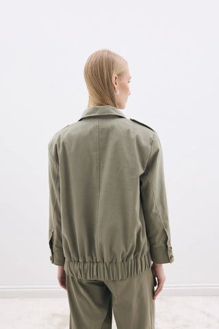 Omuz Vatkalı Fermuarlı Ceket Haki