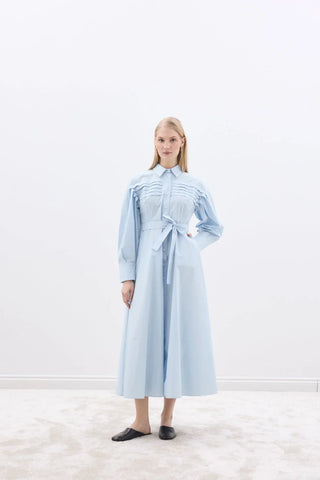 Nervürlü Paris Elbise Mavi