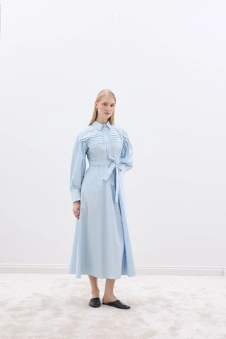 Nervürlü Paris Elbise Mavi