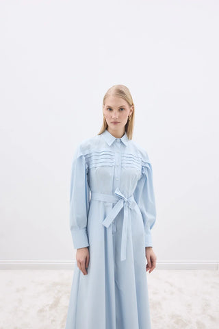 Nervürlü Paris Elbise Mavi