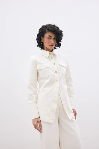 Vatkalı Denim Gömlek Ekru