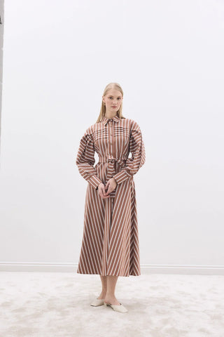 Nervürlü Paris Elbise Kahverengi Çizgili