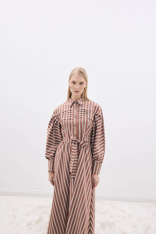 Nervürlü Paris Elbise Kahverengi Çizgili