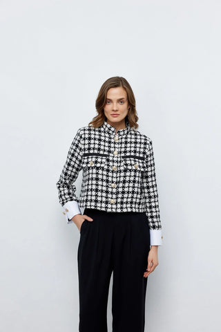 Tüvit Manşetli Mini Ceket Siyah- Beyaz