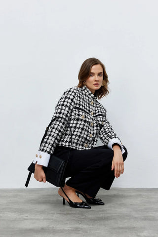 Tüvit Manşetli Mini Ceket Siyah- Beyaz