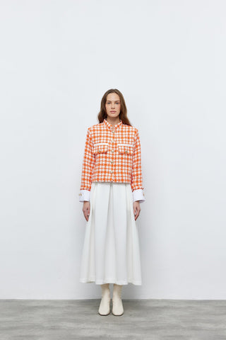 Tüvit Manşetli Mini Ceket Turuncu Beyaz