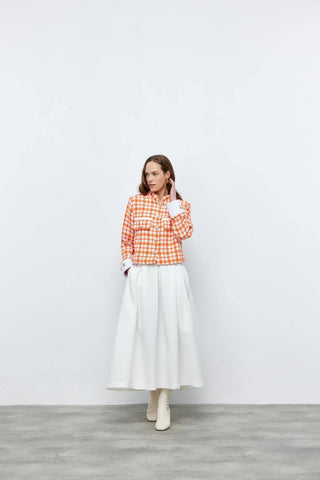 Tüvit Manşetli Mini Ceket Turuncu Beyaz