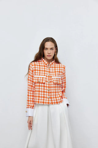 Tüvit Manşetli Mini Ceket Turuncu Beyaz