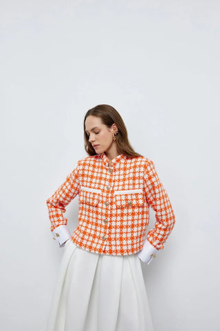 Tüvit Manşetli Mini Ceket Turuncu Beyaz