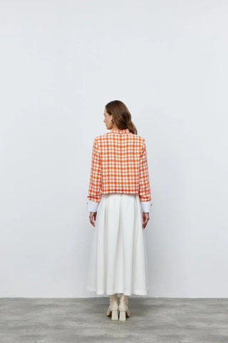 Tüvit Manşetli Mini Ceket Turuncu Beyaz