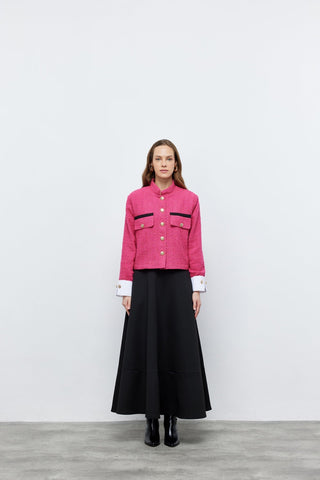 Tüvit Manşetli Mini Ceket Pembe