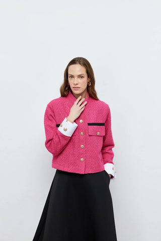 Tüvit Manşetli Mini Ceket Pembe