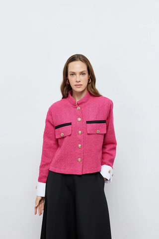 Tüvit Manşetli Mini Ceket Pembe