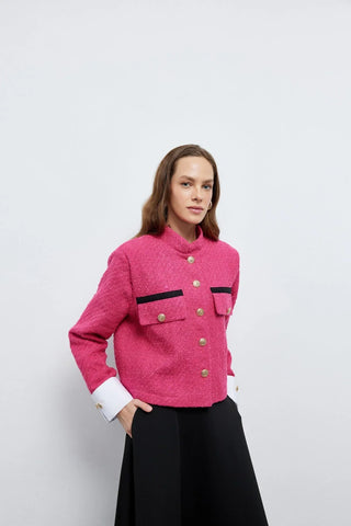 Tüvit Manşetli Mini Ceket Pembe