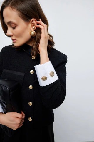 Tüvit Manşetli Mini Ceket Siyah