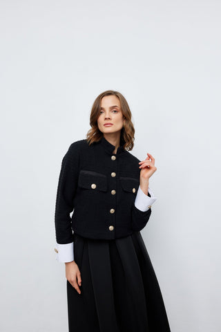 Tüvit Manşetli Mini Ceket Siyah