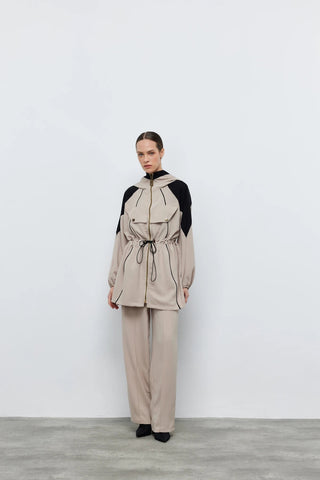 Kontrast Bel Büzgülü Ceket Pantolon Taş