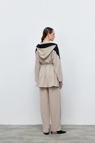 Kontrast Bel Büzgülü Ceket Pantolon Taş