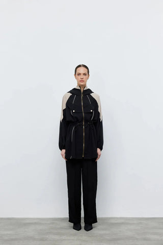 Kontrast Bel Büzgülü Ceket Pantolon Siyah