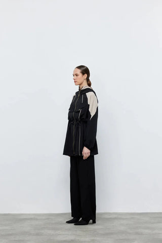 Kontrast Bel Büzgülü Ceket Pantolon Siyah