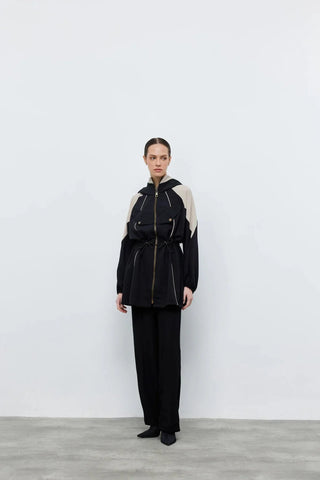 Kontrast Bel Büzgülü Ceket Pantolon Siyah